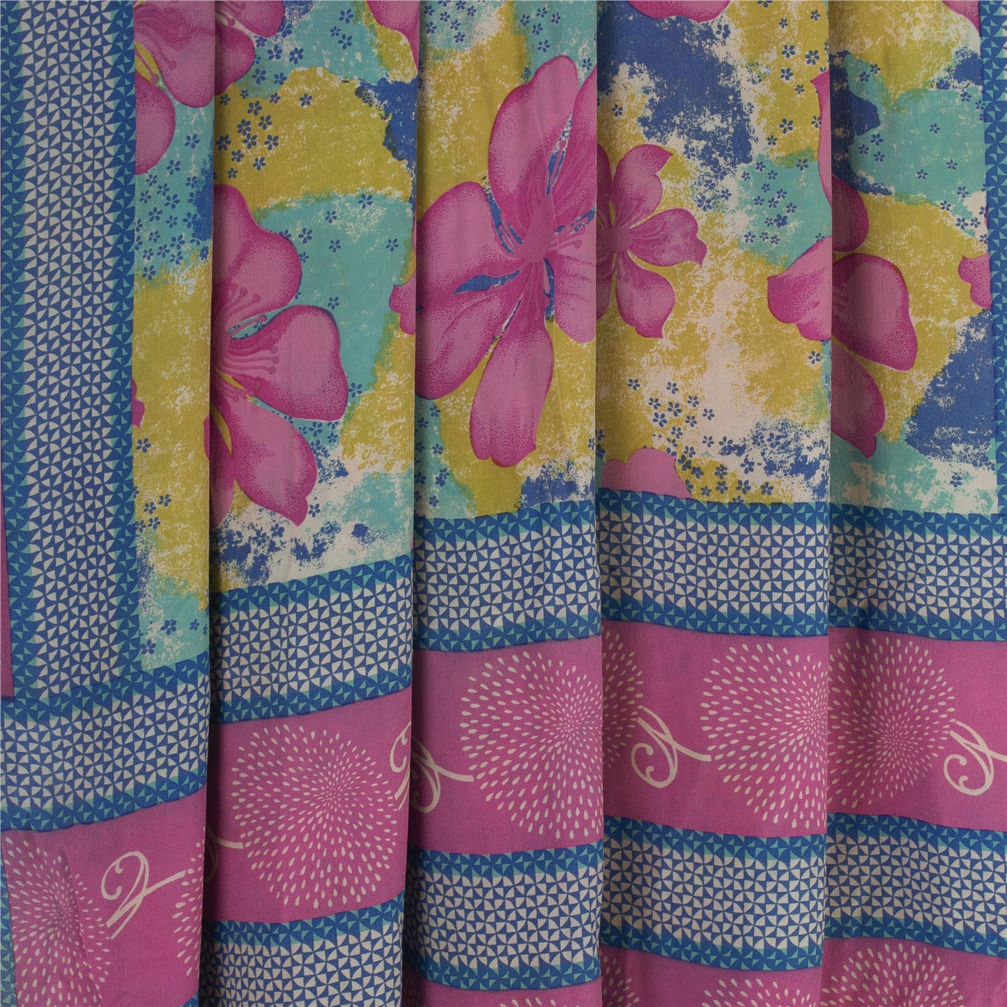 Sanskriti Vintage Sarees Multi Pure Crepe Floral Print 5+YD Indian Textile Sari