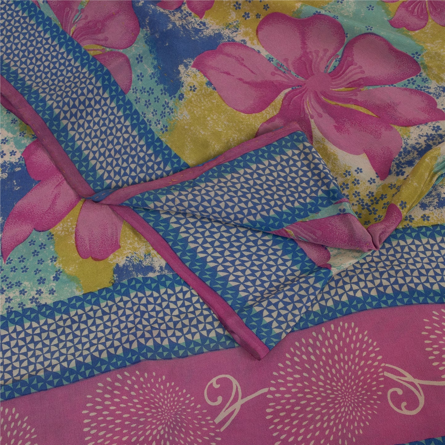 Sanskriti Vintage Sarees Multi Pure Crepe Floral Print 5+YD Indian Textile Sari