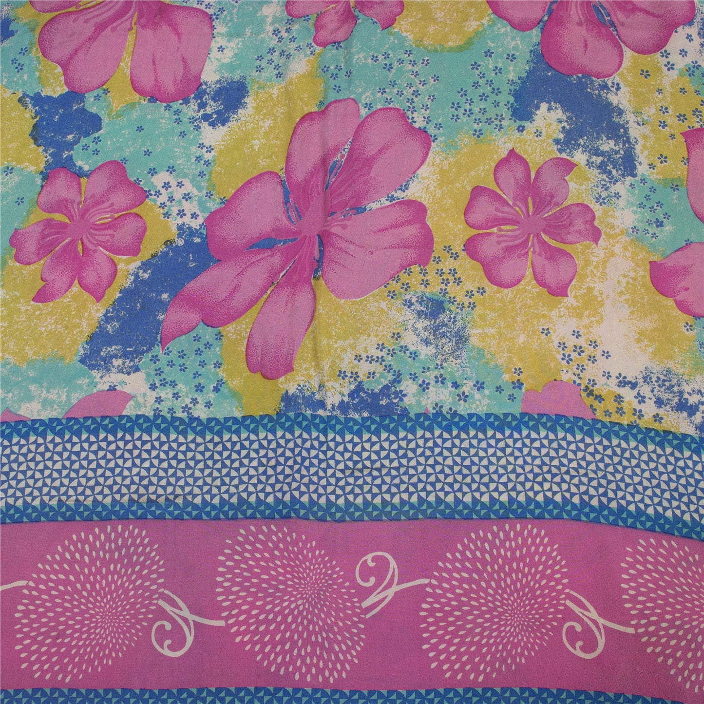 Sanskriti Vintage Sarees Multi Pure Crepe Floral Print 5+YD Indian Textile Sari