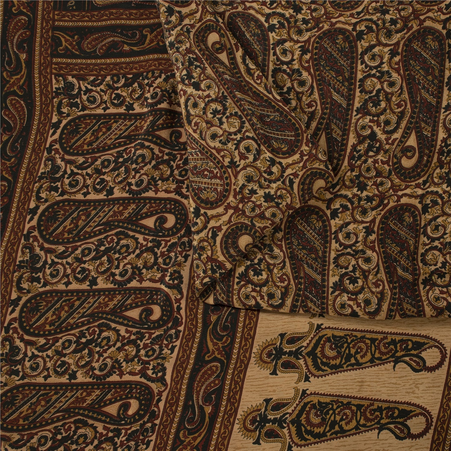 Sanskriti Vintage Saree Cream Pure Crepe SilkFloral Print Sari 5+Yd Craft Fabric