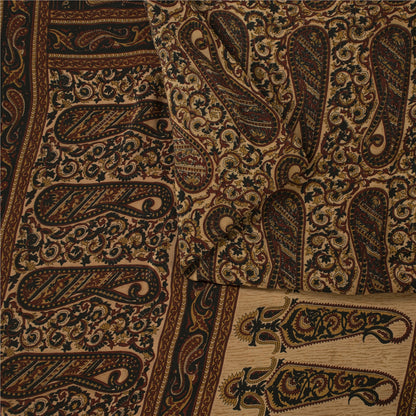 Sanskriti Vintage Saree Cream Pure Crepe SilkFloral Print Sari 5+Yd Craft Fabric