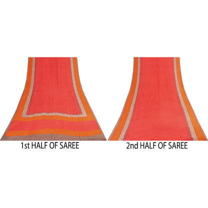 Sanskriti Vintage Sarees Red Pure Crepe Floral Print Sari 5+YD Crafts Supplies