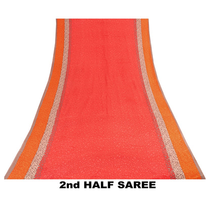 Sanskriti Vintage Sarees Red Pure Crepe Floral Print Sari 5+YD Crafts Supplies