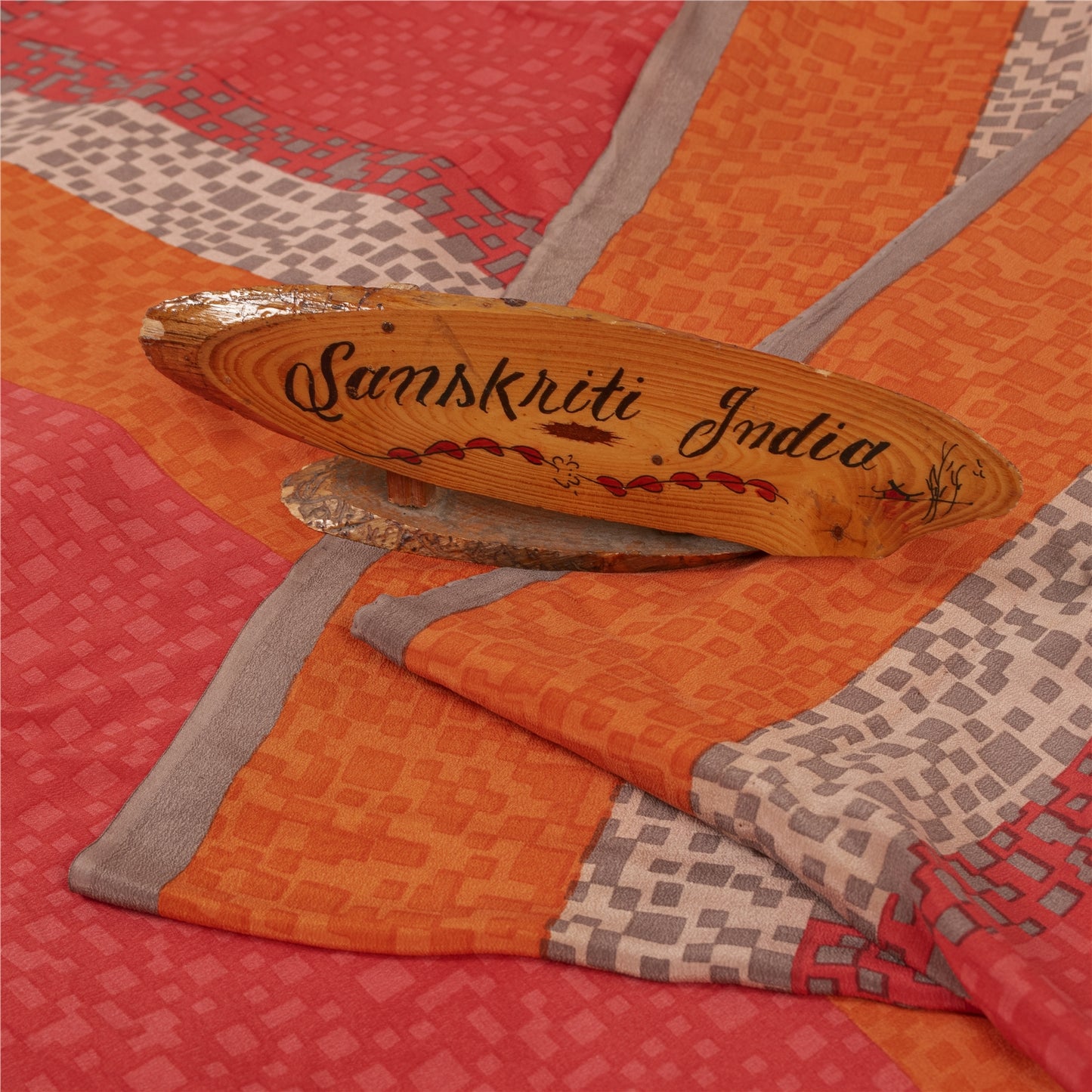 Sanskriti Vintage Sarees Red Pure Crepe Floral Print Sari 5+YD Crafts Supplies