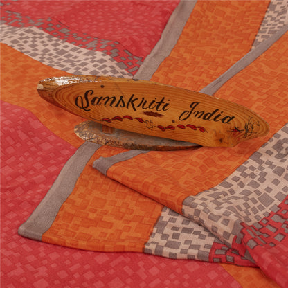 Sanskriti Vintage Sarees Red Pure Crepe Floral Print Sari 5+YD Crafts Supplies