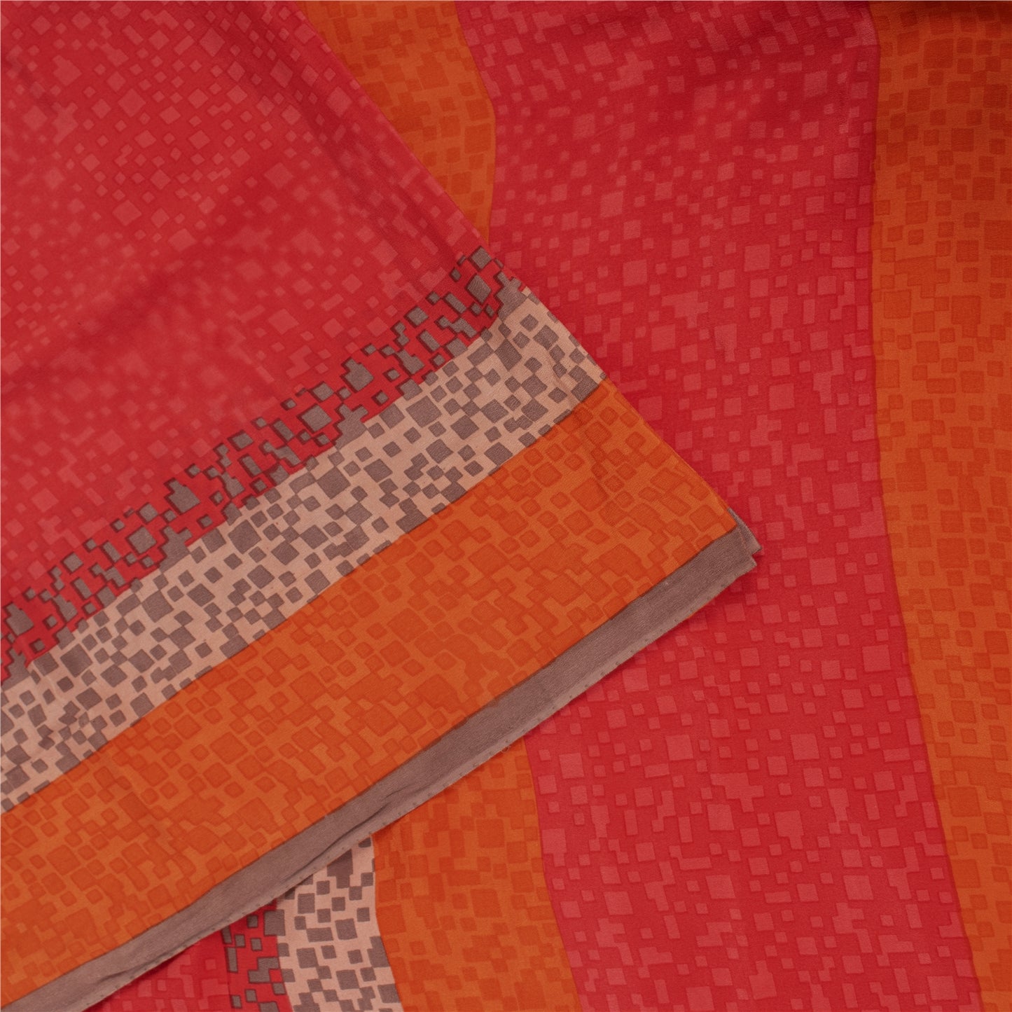 Sanskriti Vintage Sarees Red Pure Crepe Floral Print Sari 5+YD Crafts Supplies