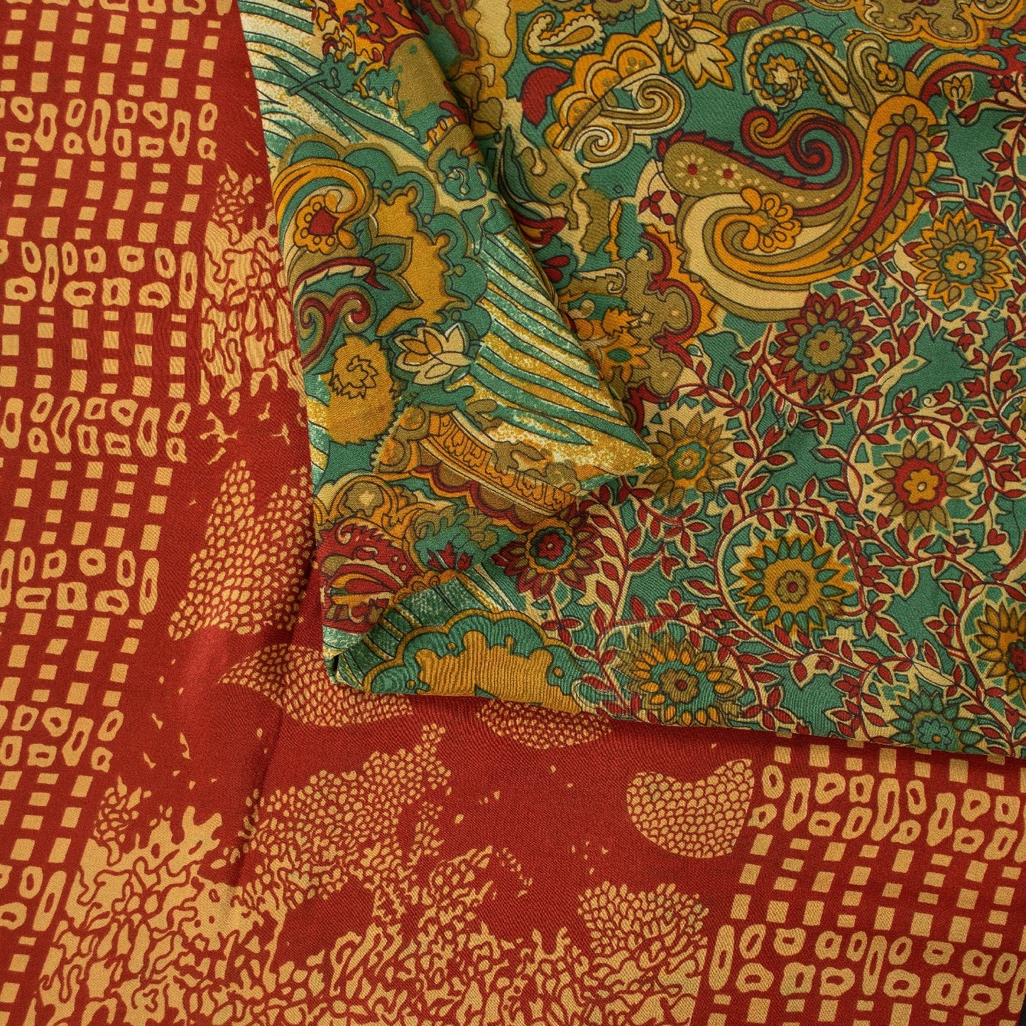 Sanskriti Vintage Sarees Green Pure Crepe Paisley Print 5+YD Quilting Material