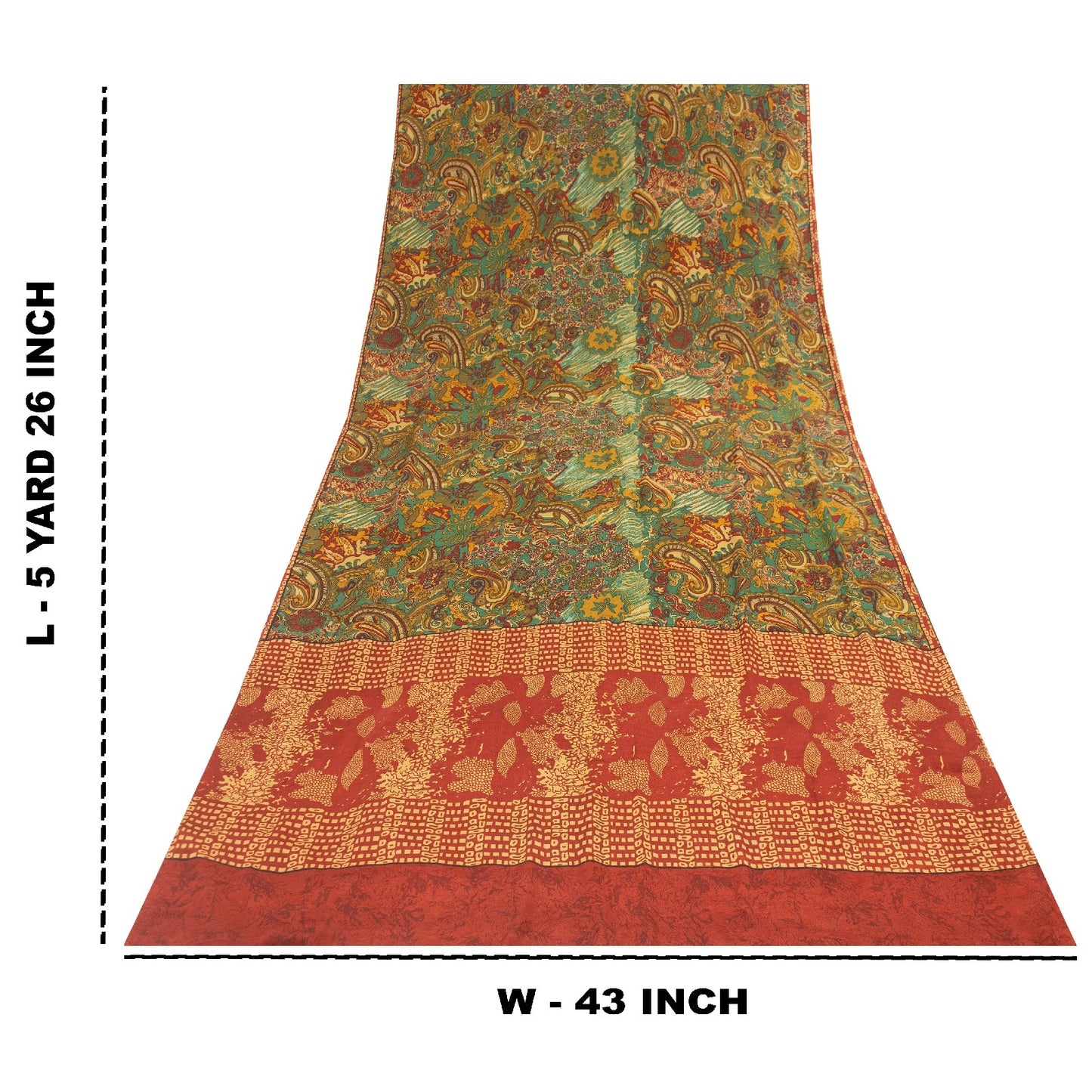 Sanskriti Vintage Sarees Green Pure Crepe Paisley Print 5+YD Quilting Material