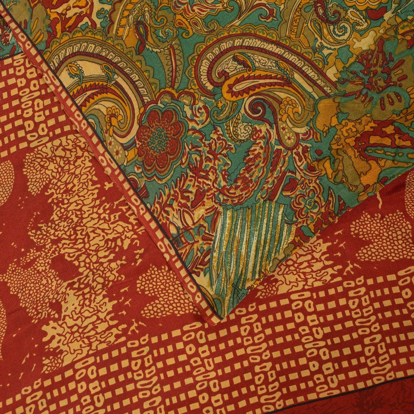 Sanskriti Vintage Sarees Green Pure Crepe Paisley Print 5+YD Quilting Material