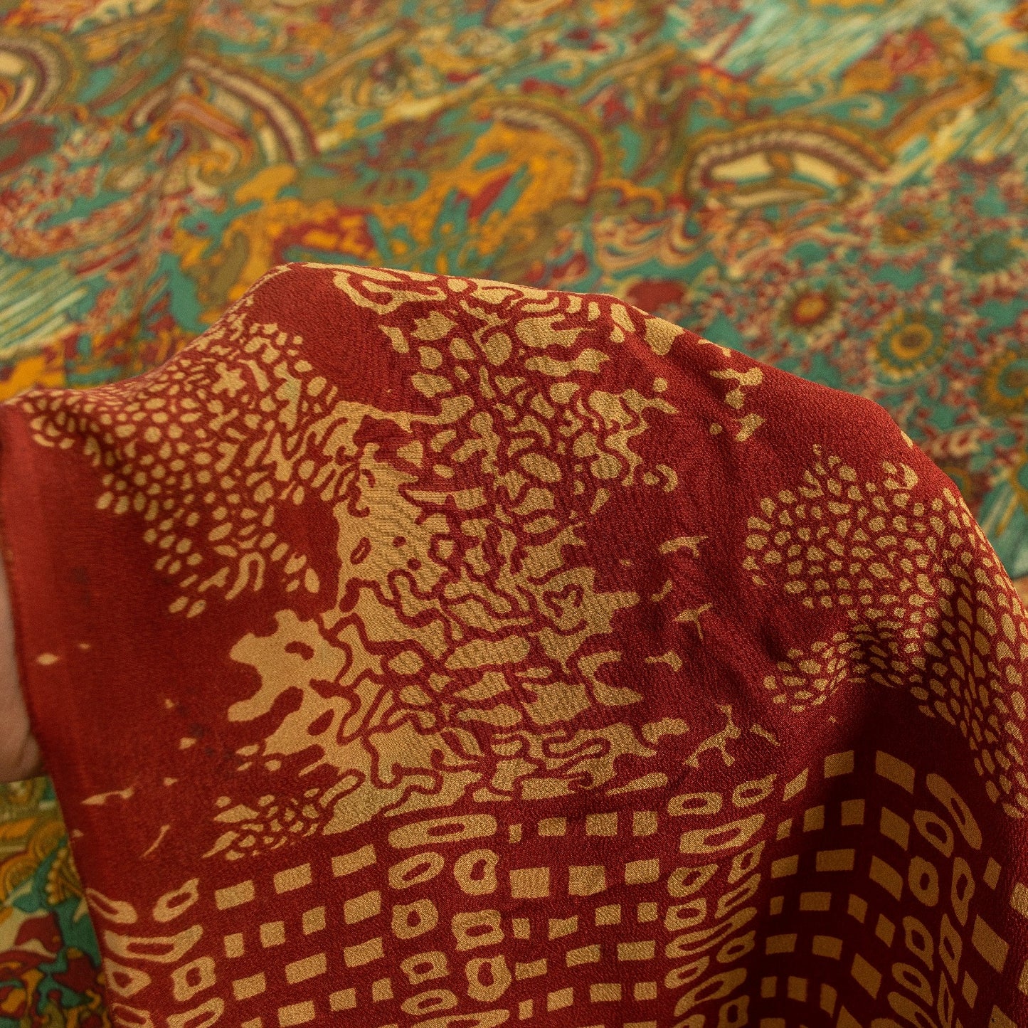 Sanskriti Vintage Sarees Green Pure Crepe Paisley Print 5+YD Quilting Material