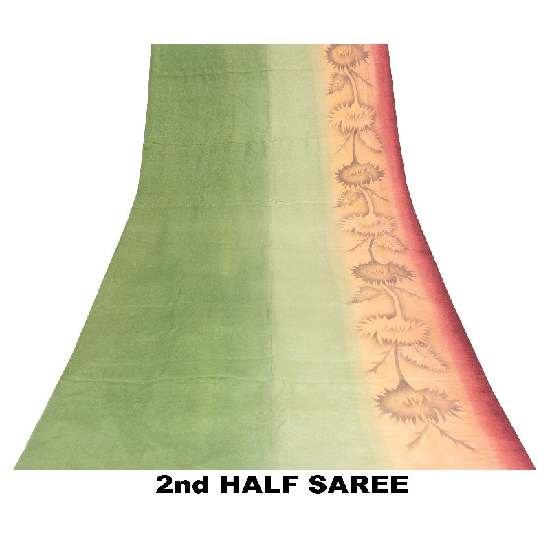 Sanskriti Vintage Sarees Green & Peach Pure Crepe Floral Print 5+YD Indian Sari