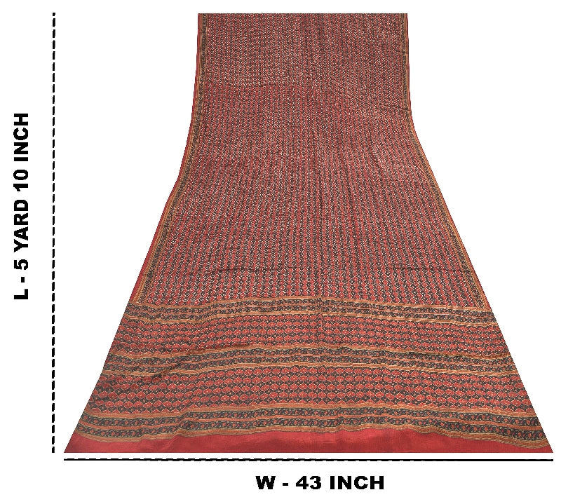 Sanskriti Vintage Sarees Dark Red 100% Pure Crepe Floral Print 5+YD Indian Sari