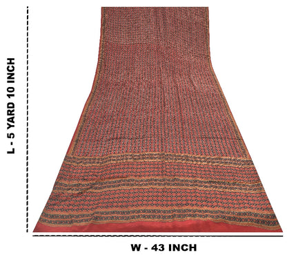 Sanskriti Vintage Sarees Dark Red 100% Pure Crepe Floral Print 5+YD Indian Sari