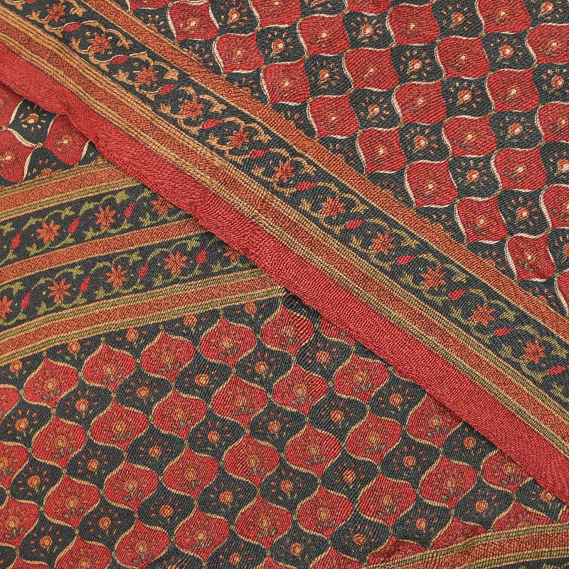 Sanskriti Vintage Sarees Dark Red 100% Pure Crepe Floral Print 5+YD Indian Sari