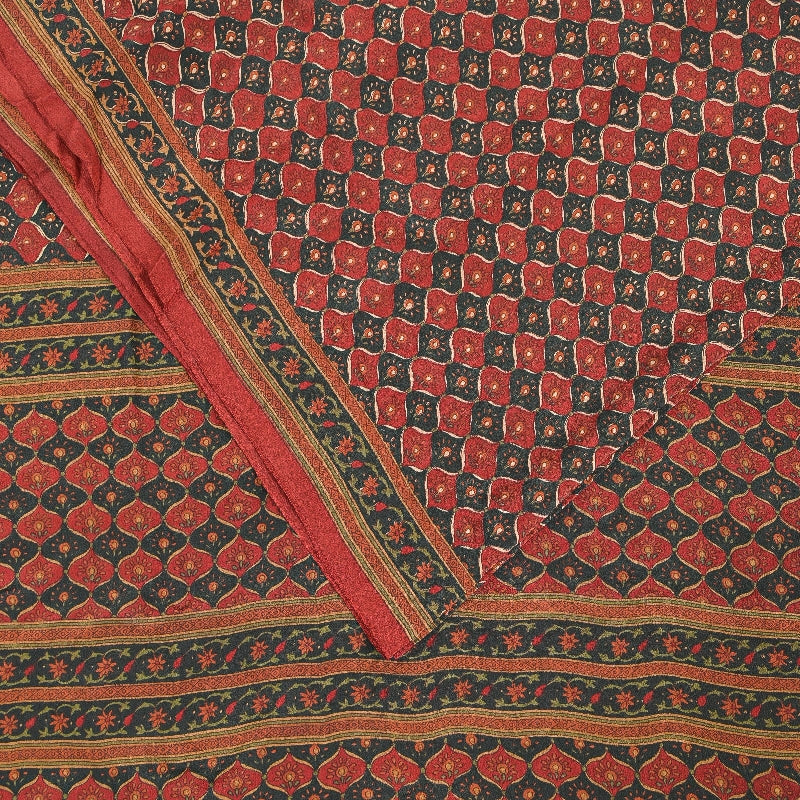 Sanskriti Vintage Sarees Dark Red 100% Pure Crepe Floral Print 5+YD Indian Sari