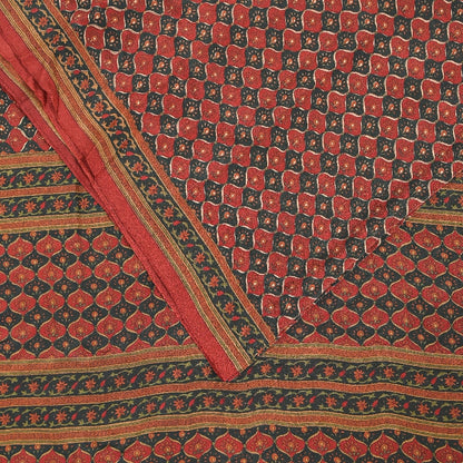 Sanskriti Vintage Sarees Dark Red 100% Pure Crepe Floral Print 5+YD Indian Sari