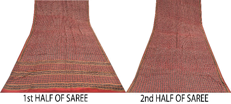 Sanskriti Vintage Sarees Dark Red 100% Pure Crepe Floral Print 5+YD Indian Sari