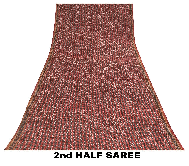 Sanskriti Vintage Sarees Dark Red 100% Pure Crepe Floral Print 5+YD Indian Sari