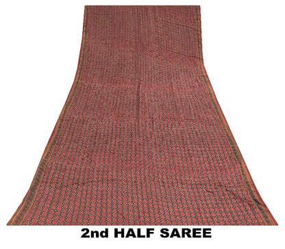 Sanskriti Vintage Sarees Dark Red 100% Pure Crepe Floral Print 5+YD Indian Sari