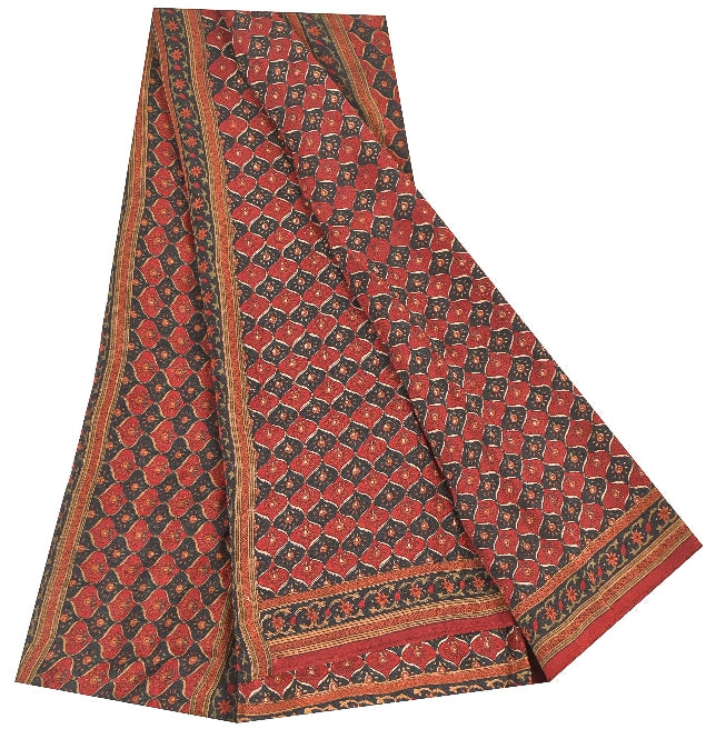 Sanskriti Vintage Sarees Dark Red 100% Pure Crepe Floral Print 5+YD Indian Sari