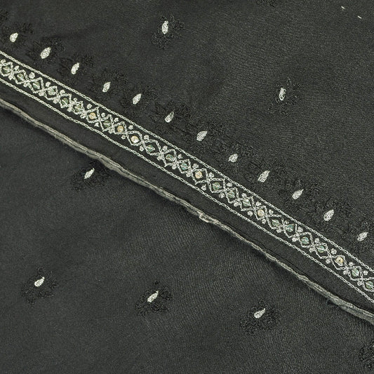 Sanskriti Vintage Sarees Black Pure Crepe Silk Embroidered Thread Work 5+YD Sari