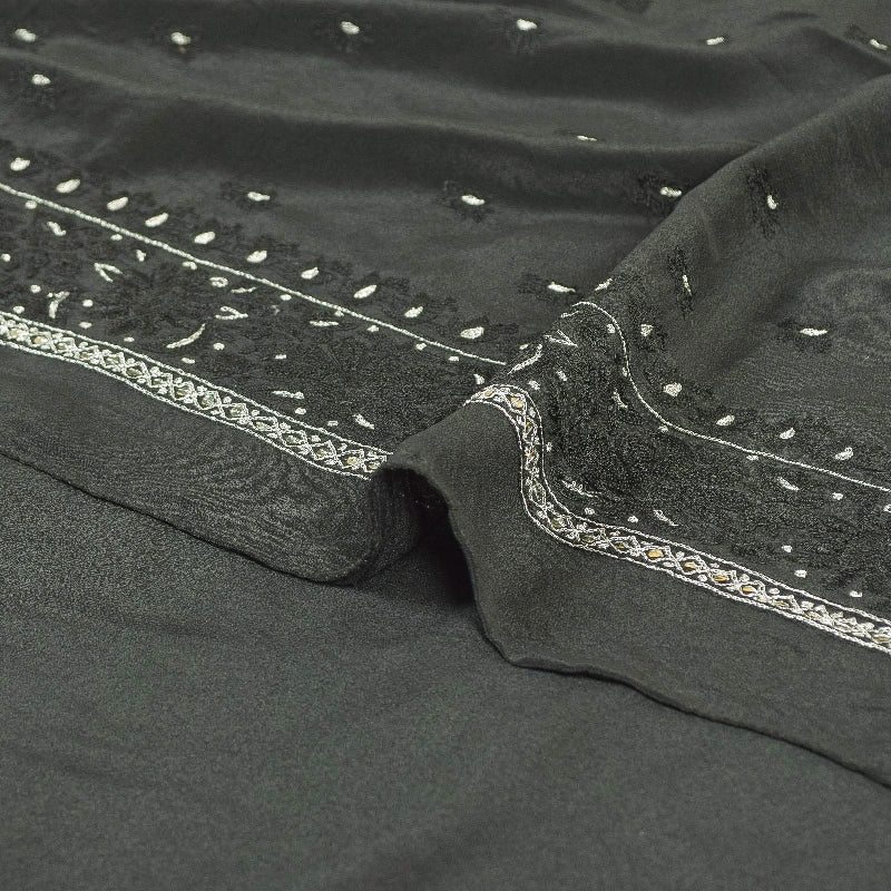 Sanskriti Vintage Sarees Black Pure Crepe Silk Embroidered Thread Work 5+YD Sari