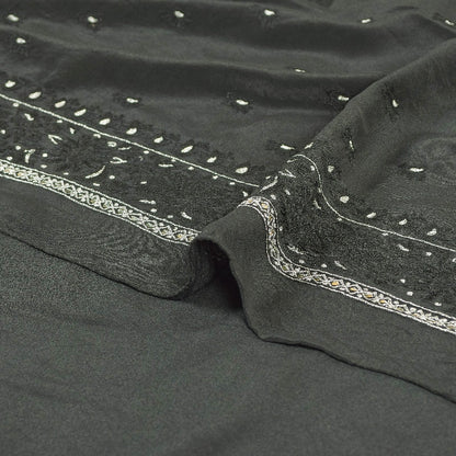 Sanskriti Vintage Sarees Black Pure Crepe Silk Embroidered Thread Work 5+YD Sari