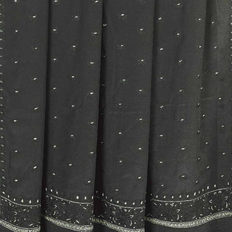Sanskriti Vintage Sarees Black Pure Crepe Silk Embroidered Thread Work 5+YD Sari