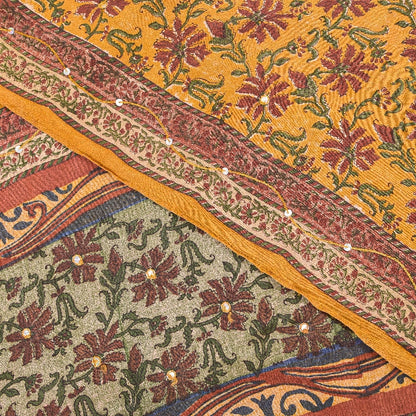 Sanskriti Vintage Sarees Yellow Pure Crepe Floral Print 5+YD For Quilting Sari