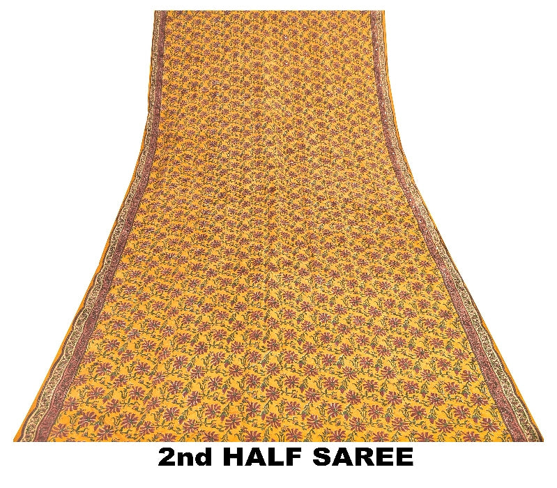Sanskriti Vintage Sarees Yellow Pure Crepe Floral Print 5+YD For Quilting Sari