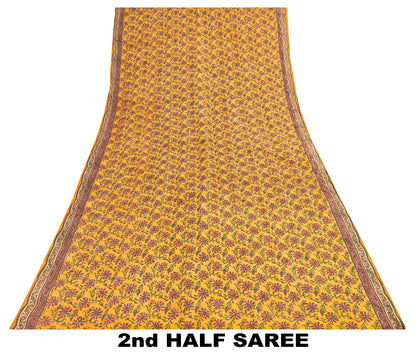 Sanskriti Vintage Sarees Yellow Pure Crepe Floral Print 5+YD For Quilting Sari