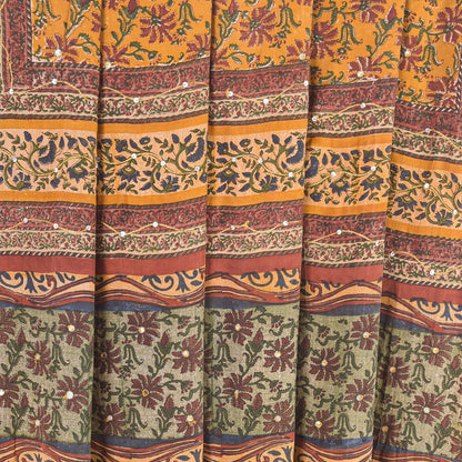 Sanskriti Vintage Sarees Yellow Pure Crepe Floral Print 5+YD For Quilting Sari