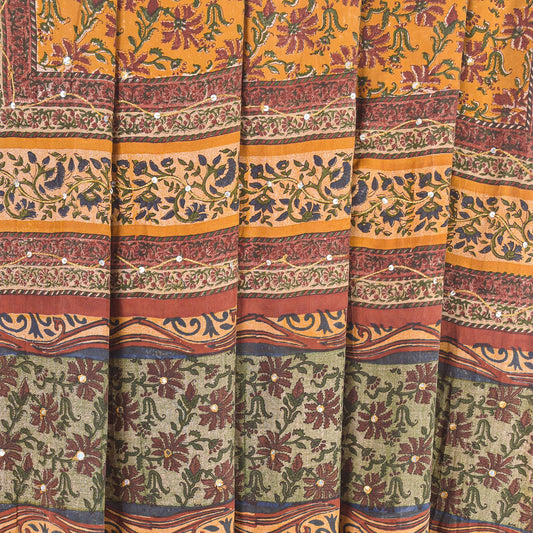 Sanskriti Vintage Sarees Yellow Pure Crepe Floral Print 5+YD For Quilting Sari