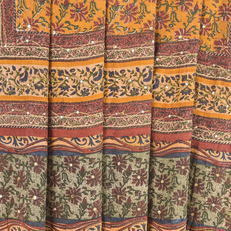 Sanskriti Vintage Sarees Yellow Pure Crepe Floral Print 5+YD For Quilting Sari