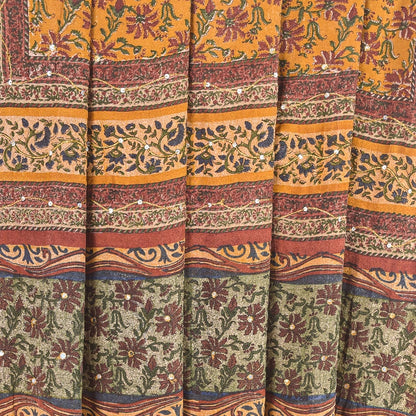 Sanskriti Vintage Sarees Yellow Pure Crepe Floral Print 5+YD For Quilting Sari