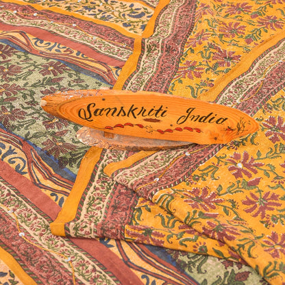 Sanskriti Vintage Sarees Yellow Pure Crepe Floral Print 5+YD For Quilting Sari