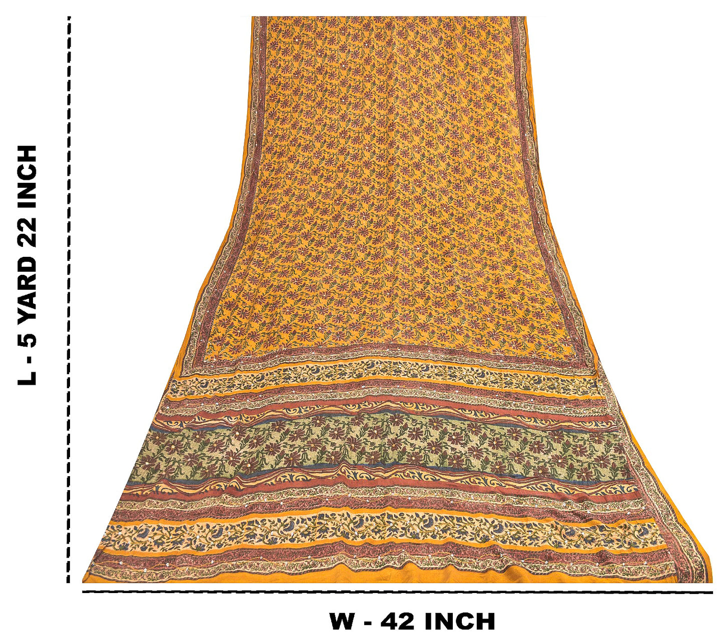 Sanskriti Vintage Sarees Yellow Pure Crepe Floral Print 5+YD For Quilting Sari