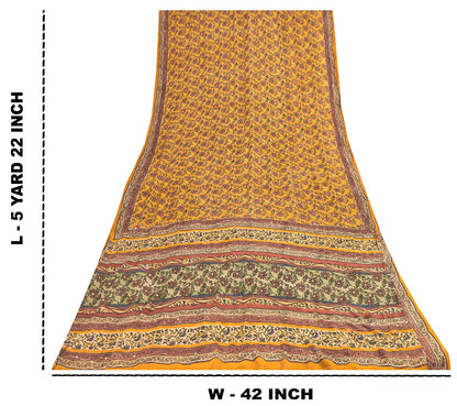 Sanskriti Vintage Sarees Yellow Pure Crepe Floral Print 5+YD For Quilting Sari