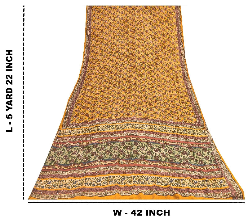 Sanskriti Vintage Sarees Yellow Pure Crepe Floral Print 5+YD For Quilting Sari