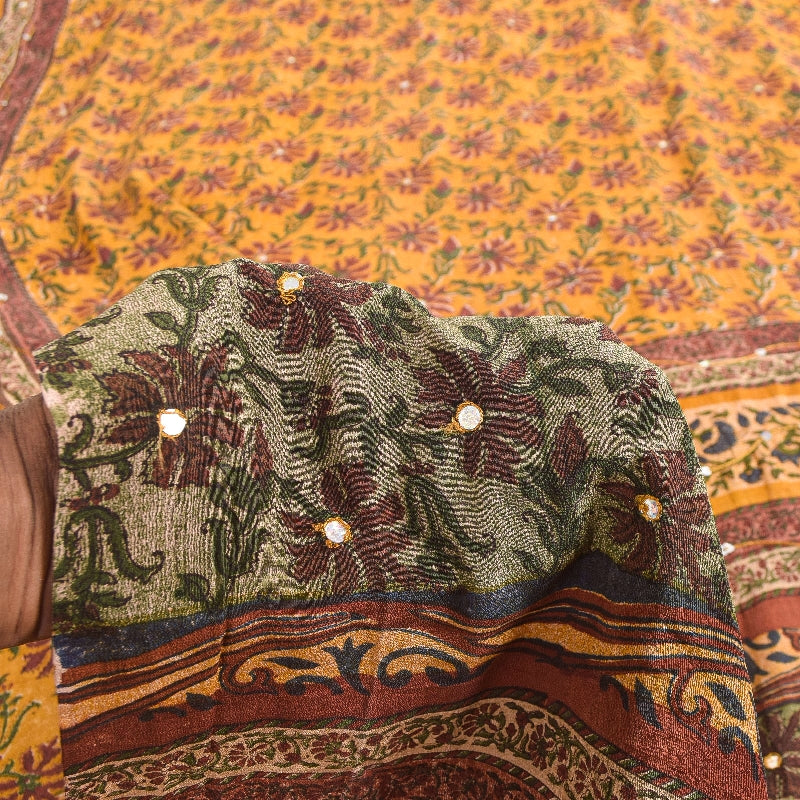 Sanskriti Vintage Sarees Yellow Pure Crepe Floral Print 5+YD For Quilting Sari