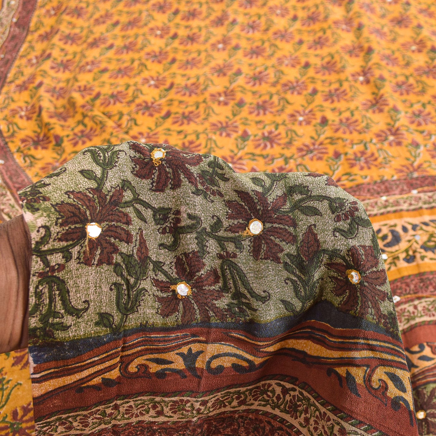 Sanskriti Vintage Sarees Yellow Pure Crepe Floral Print 5+YD For Quilting Sari