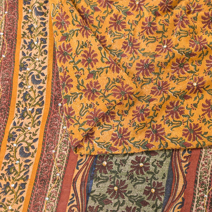Sanskriti Vintage Sarees Yellow Pure Crepe Floral Print 5+YD For Quilting Sari