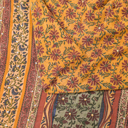 Sanskriti Vintage Sarees Yellow Pure Crepe Floral Print 5+YD For Quilting Sari