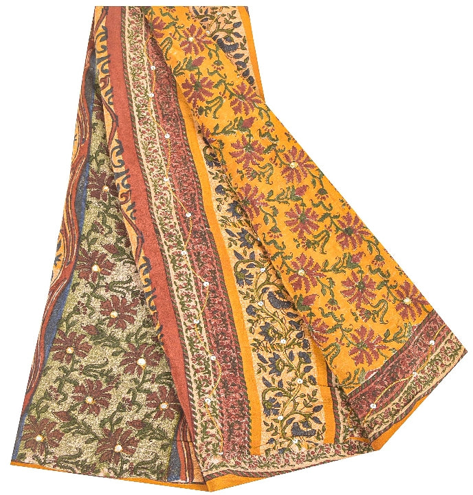 Sanskriti Vintage Sarees Yellow Pure Crepe Floral Print 5+YD For Quilting Sari