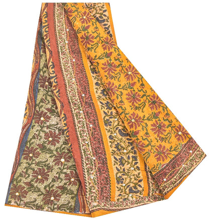 Sanskriti Vintage Sarees Yellow Pure Crepe Floral Print 5+YD For Quilting Sari