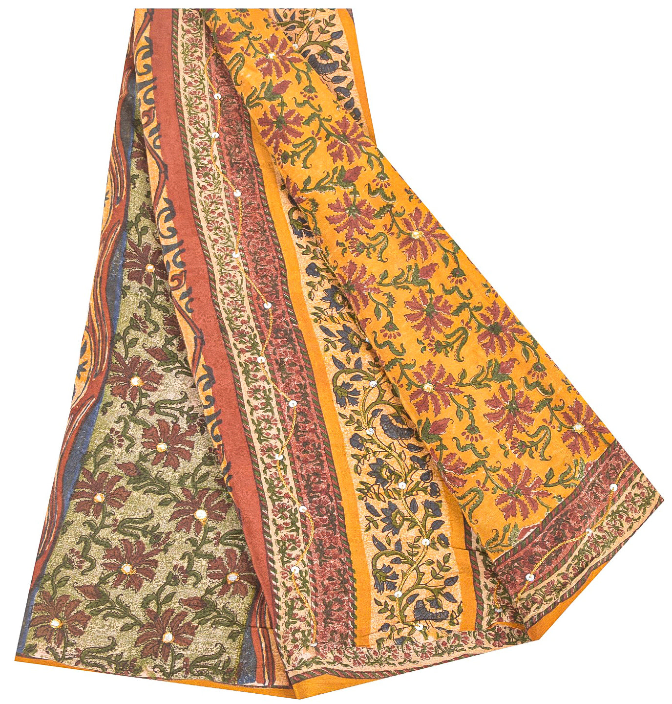 Sanskriti Vintage Sarees Yellow Pure Crepe Floral Print 5+YD For Quilting Sari