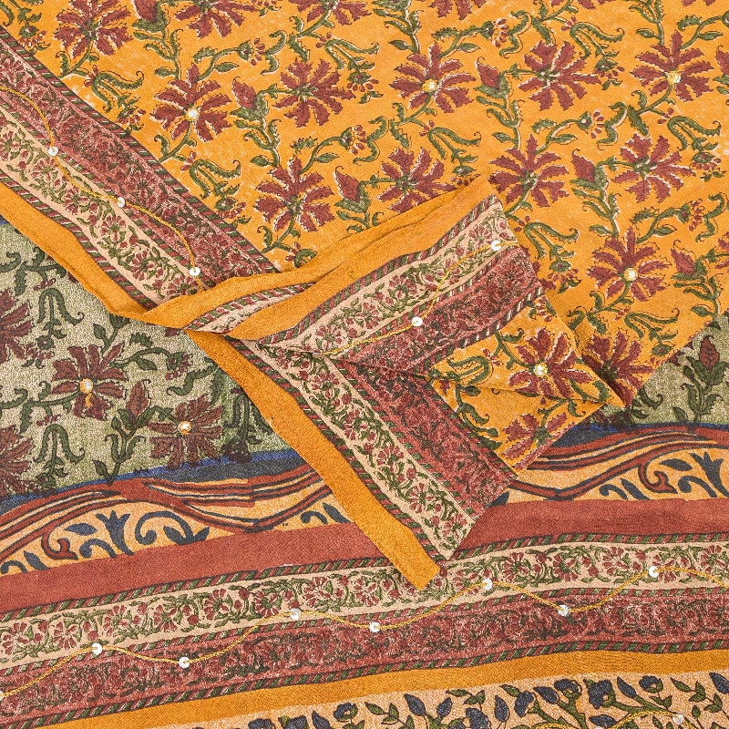 Sanskriti Vintage Sarees Yellow Pure Crepe Floral Print 5+YD For Quilting Sari