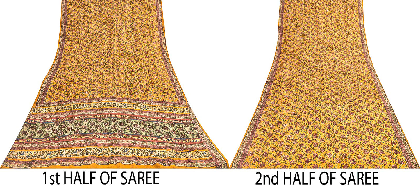 Sanskriti Vintage Sarees Yellow Pure Crepe Floral Print 5+YD For Quilting Sari