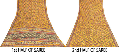 Sanskriti Vintage Sarees Yellow Pure Crepe Floral Print 5+YD For Quilting Sari