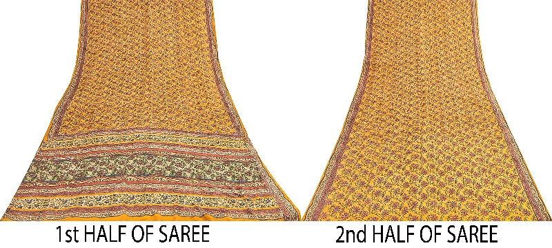 Sanskriti Vintage Sarees Yellow Pure Crepe Floral Print 5+YD For Quilting Sari
